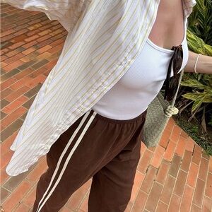 DONNI. The Linen Crop Stripe Pant in Walnut